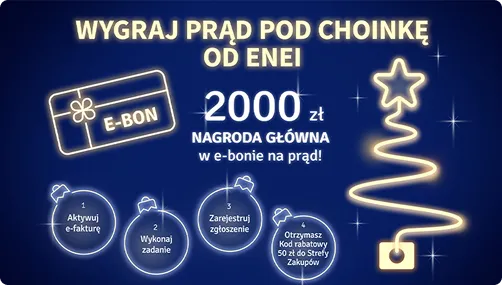 Wygraj prąd pod choinkę do Enei Ikona karty podarunkowej z bombkami i choinką